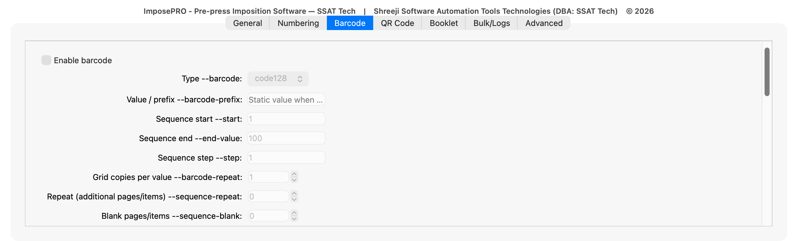 ImposePRO barcode controls showing type, sequence, repeat, and blank-item settings