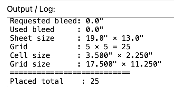 ImposePRO production output log showing bleed, sheet size, grid dimensions, and total placed items