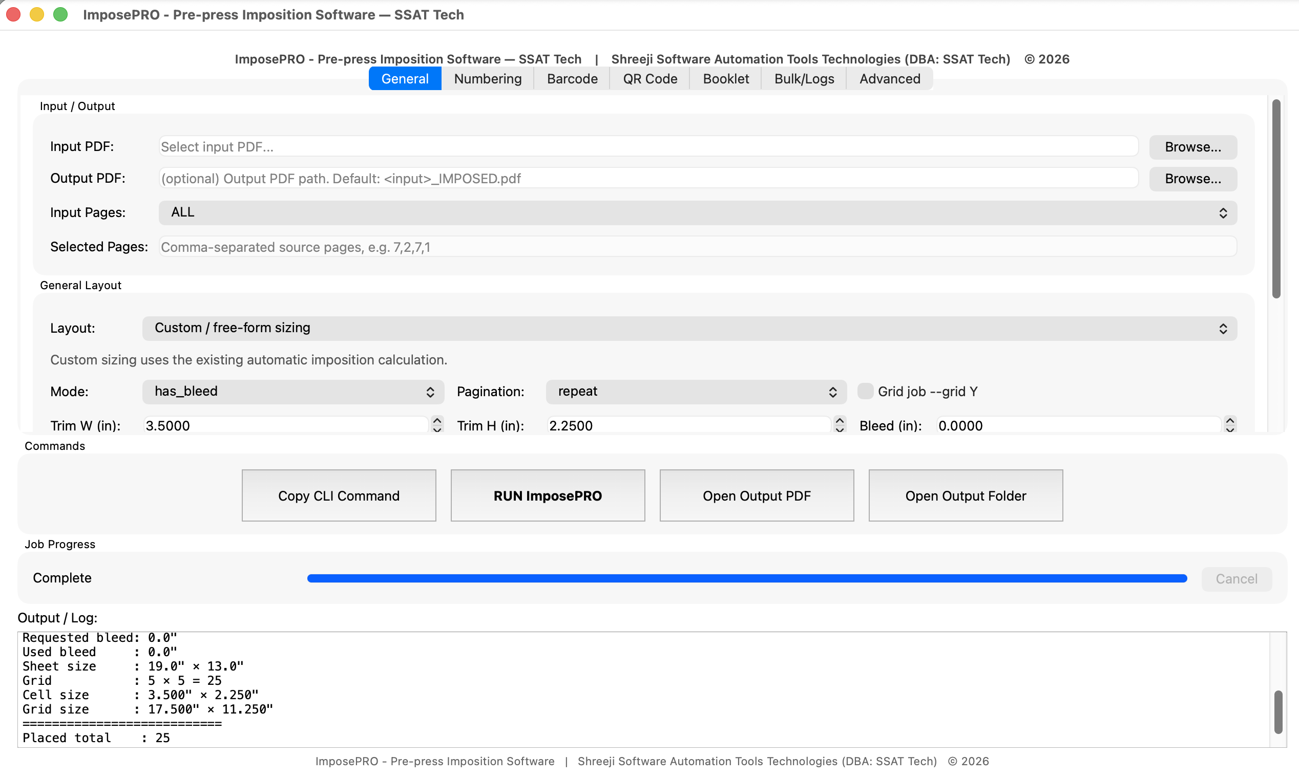 ImposePRO main workspace showing input and output settings, layout controls, job progress, and production output log